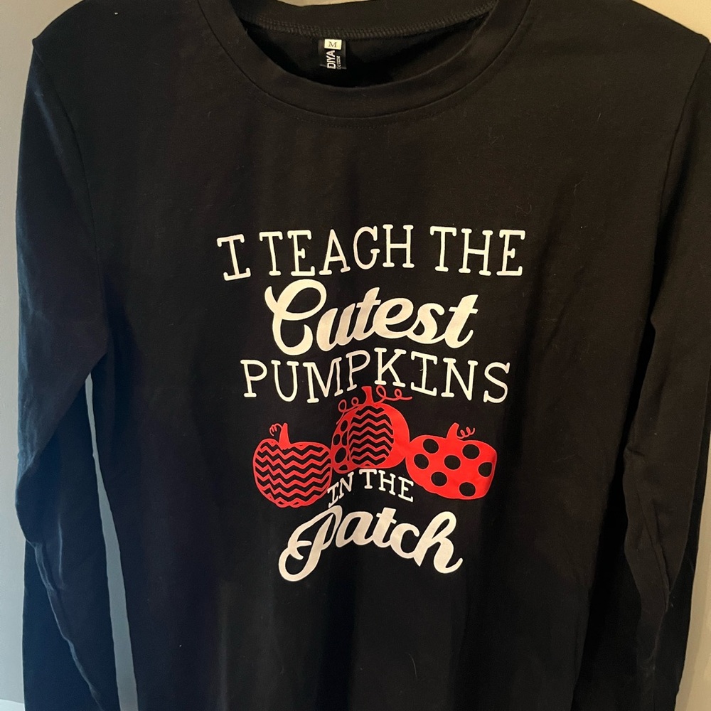 Black Long Sleeve Teacher Shirt with Pumpkin Print